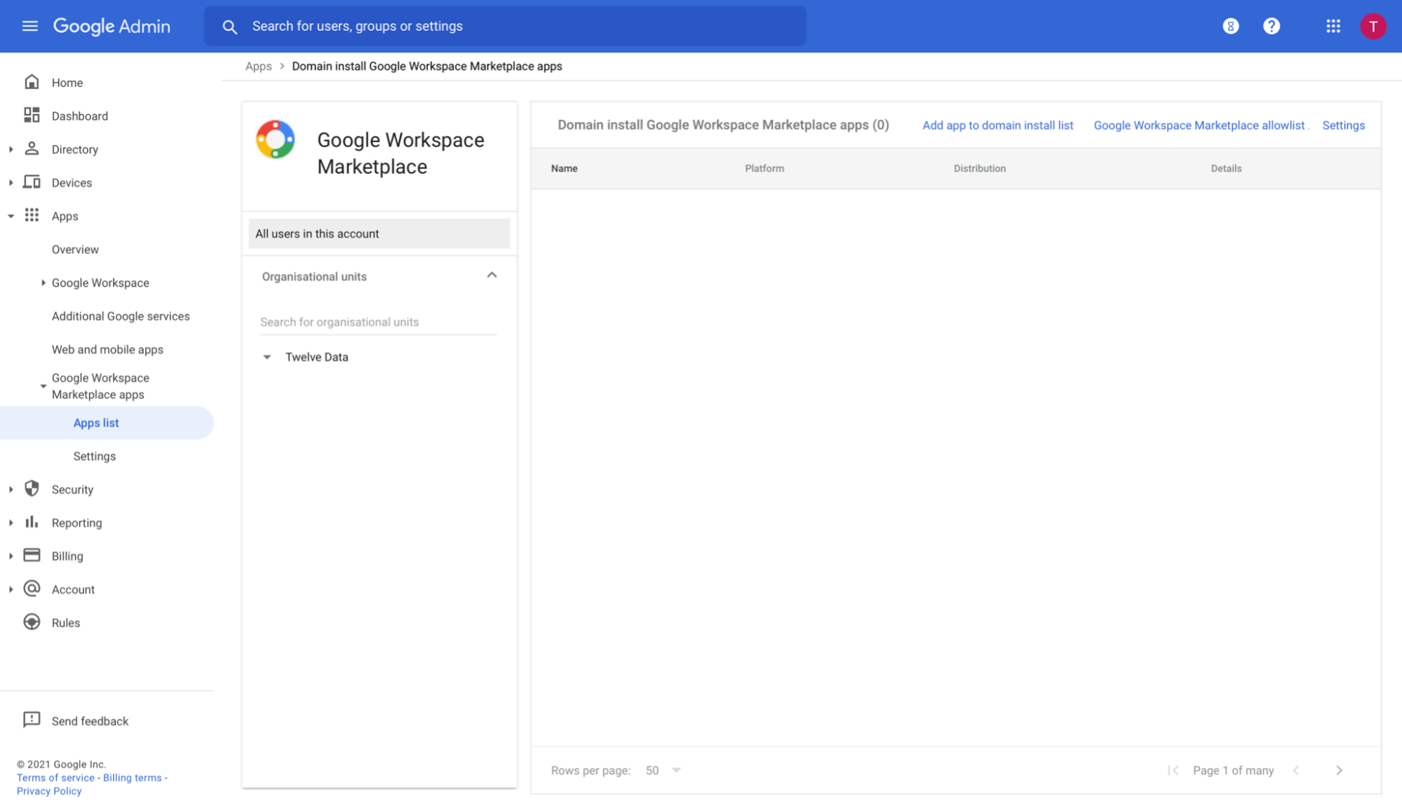 Google Admin Workspace app list