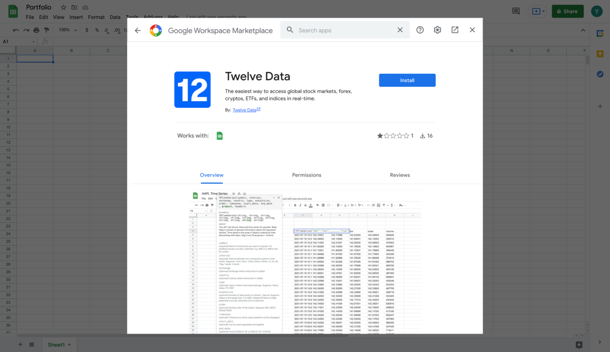 Google Workspace Marketplace Twelve Data Add-on page
